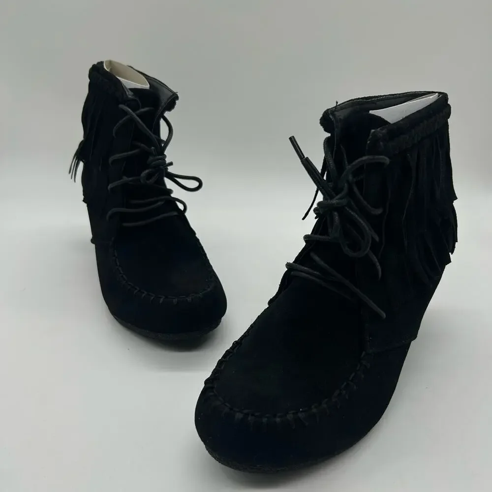 Top Moda Boots Womens 6.5‎ Black Moc Toe Lace Up Wedge Moccasin Bootie NEW